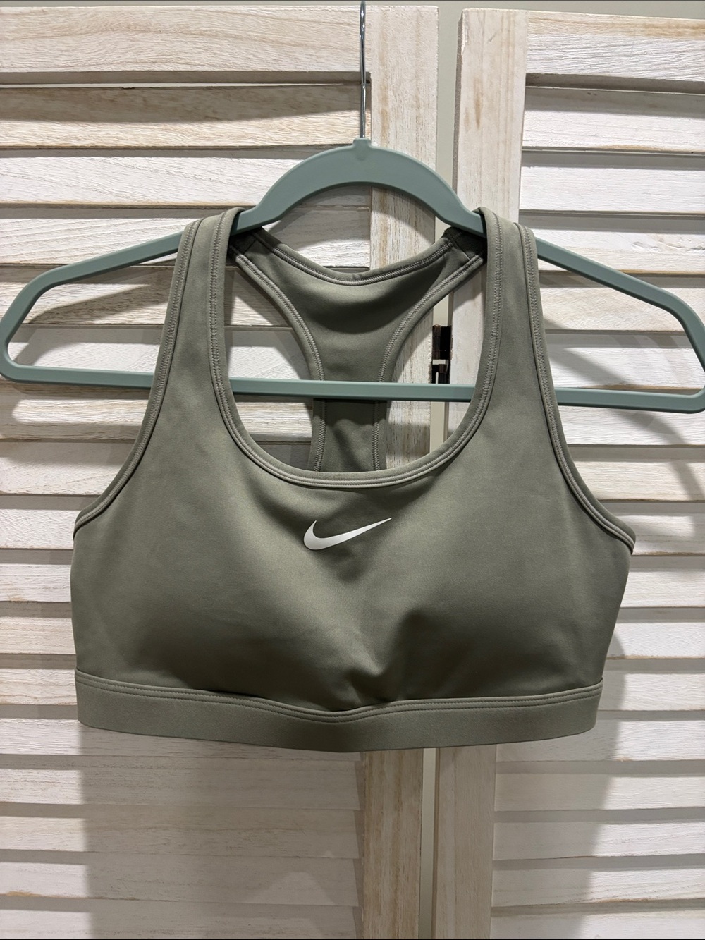 Nike Olive Green Racerback Sports Bra with White Swoosh